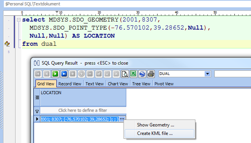 SQL-Abfrage auf Spatial Data und SQL-Ergebnismenge mit geöffnetem Kontextmenü für Spatial Data