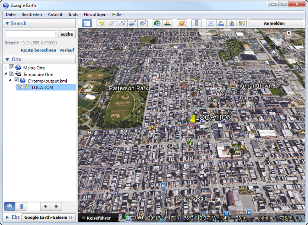Die exportierte KML-Datei wurde in Google Earth geöffnet