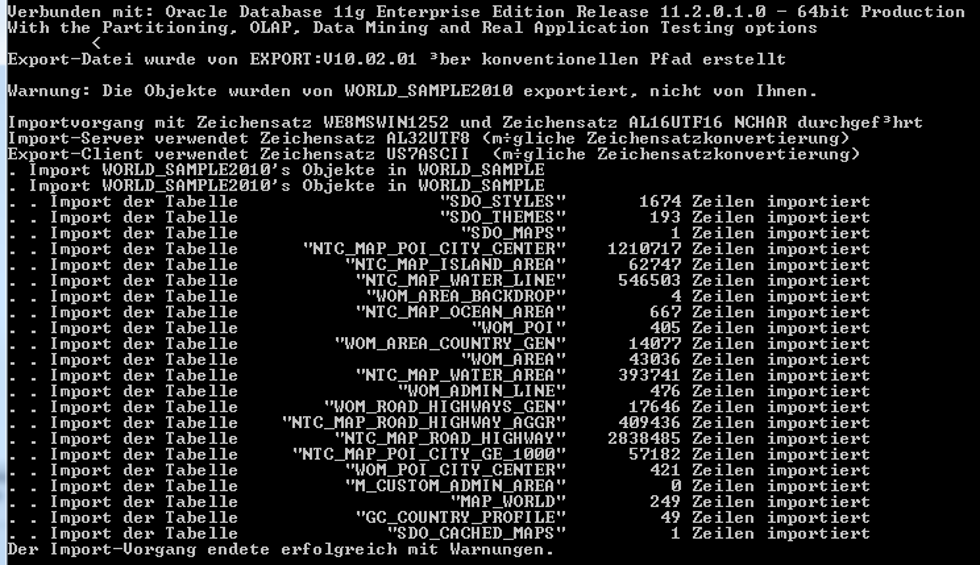Import der Beispieldatenbank für Oracle Spatial (WORLD_SAMPLE2010)