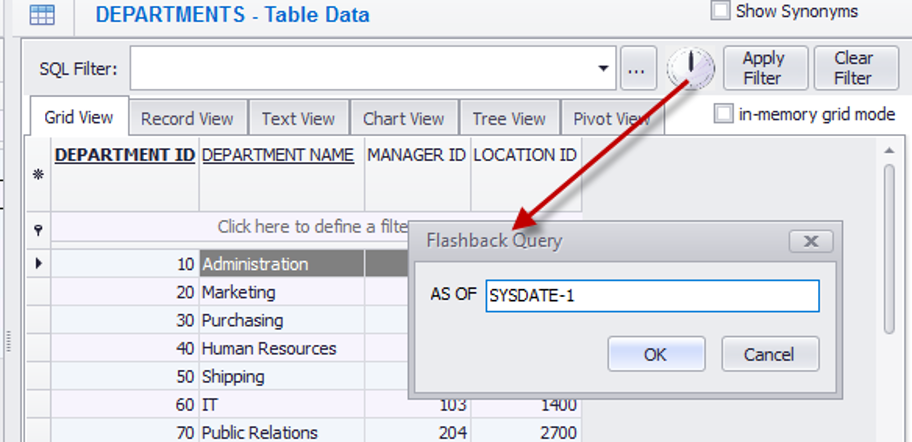 Using Flashback Query in Data Content Grid