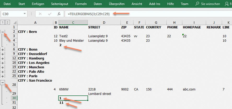 Der Excel-Export behält die Gruppierung als einklappbare Bereiche bei