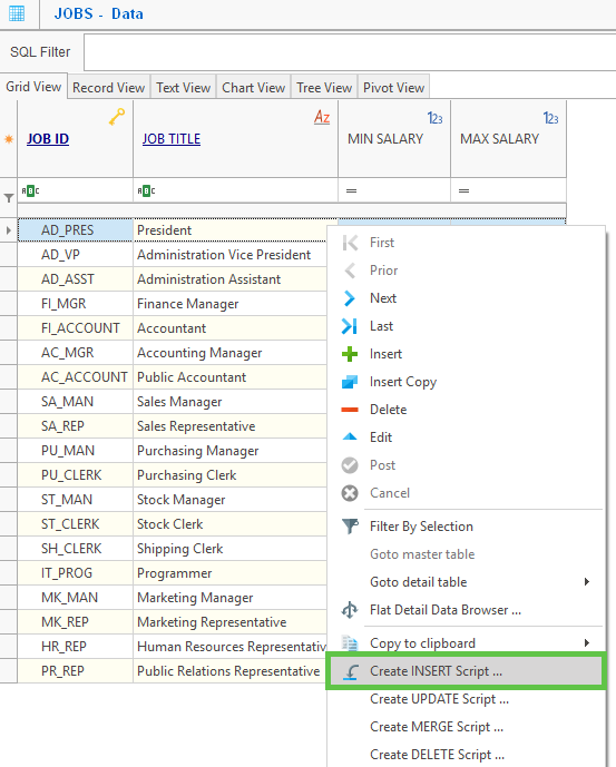 Data content of the JOBS table and Create INSERT script menu ietm