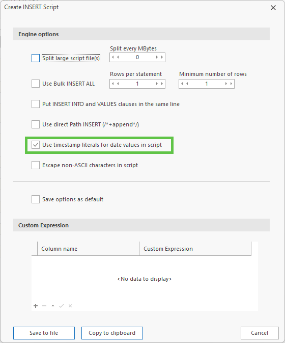 Create INSERT script dialog using PostgreSQL compatible options
