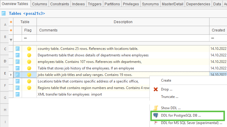 Flagged tables and DDL for PostgreSQL DB menu item