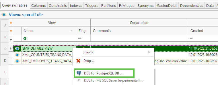 Flagged view and DDL for PostgreSQL DB menu item
