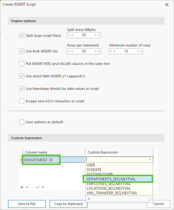 INSERT Script Dialog and new section “Custom Expressions”