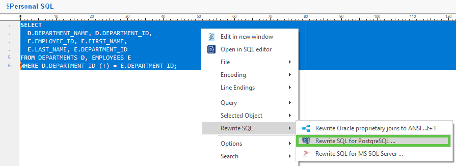 "Rewrite SQL for PostgreSQL" menu item